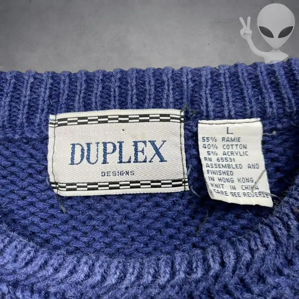 Duplex Knit Sweater Large Blue Multicolor Vintage 80s Pullover - Picture 3 of 5